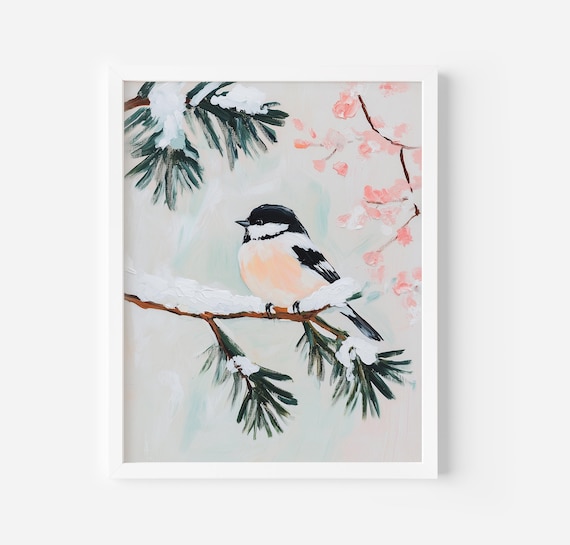 Winter Birds Art Print, Vintage Farmhouse Style