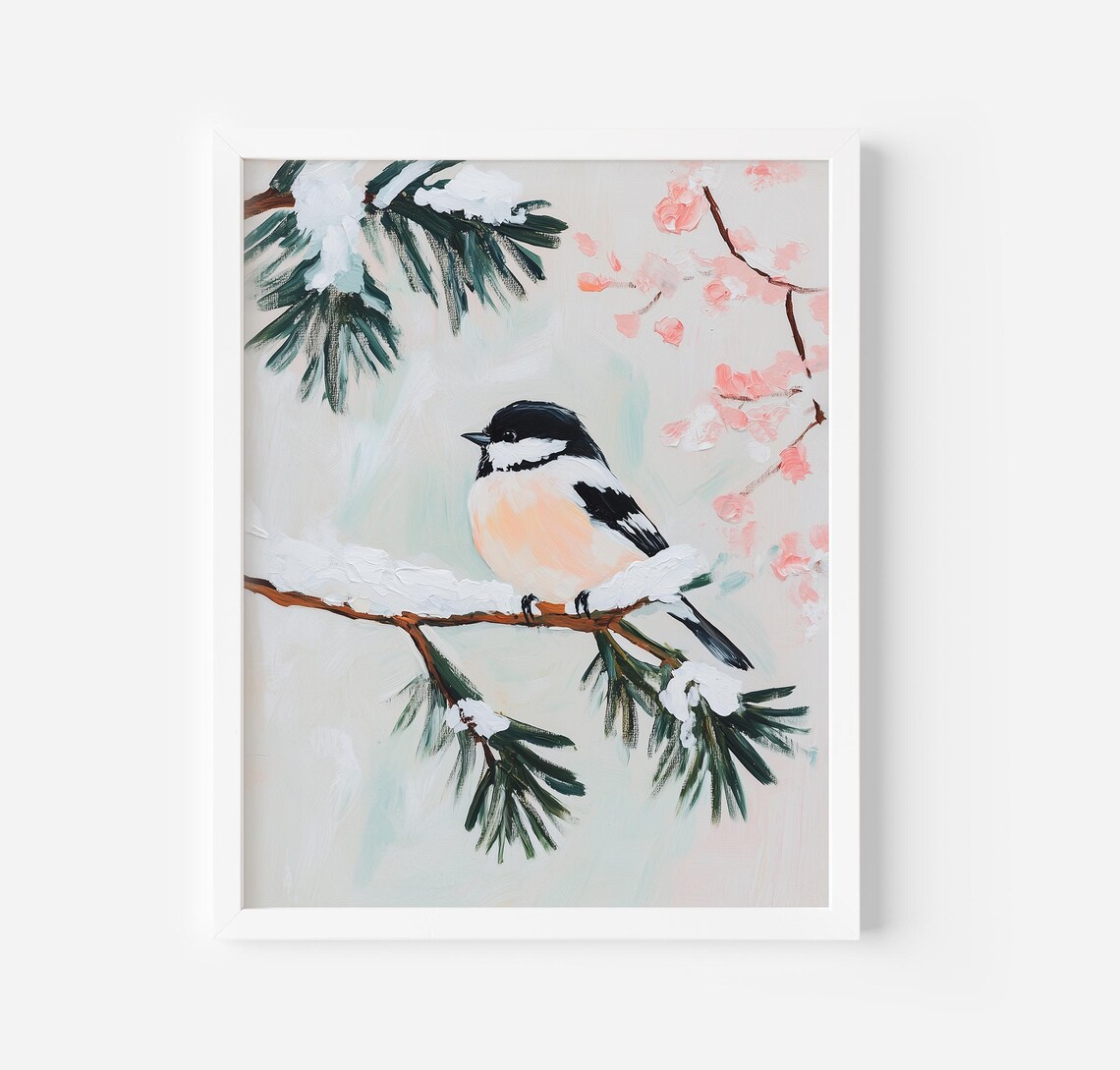 Winter Birds Art Print, Vintage Farmhouse Style