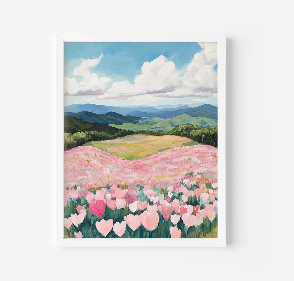 Rolling Hills Covered In Pink Heart Flowers Meadow Art Poster