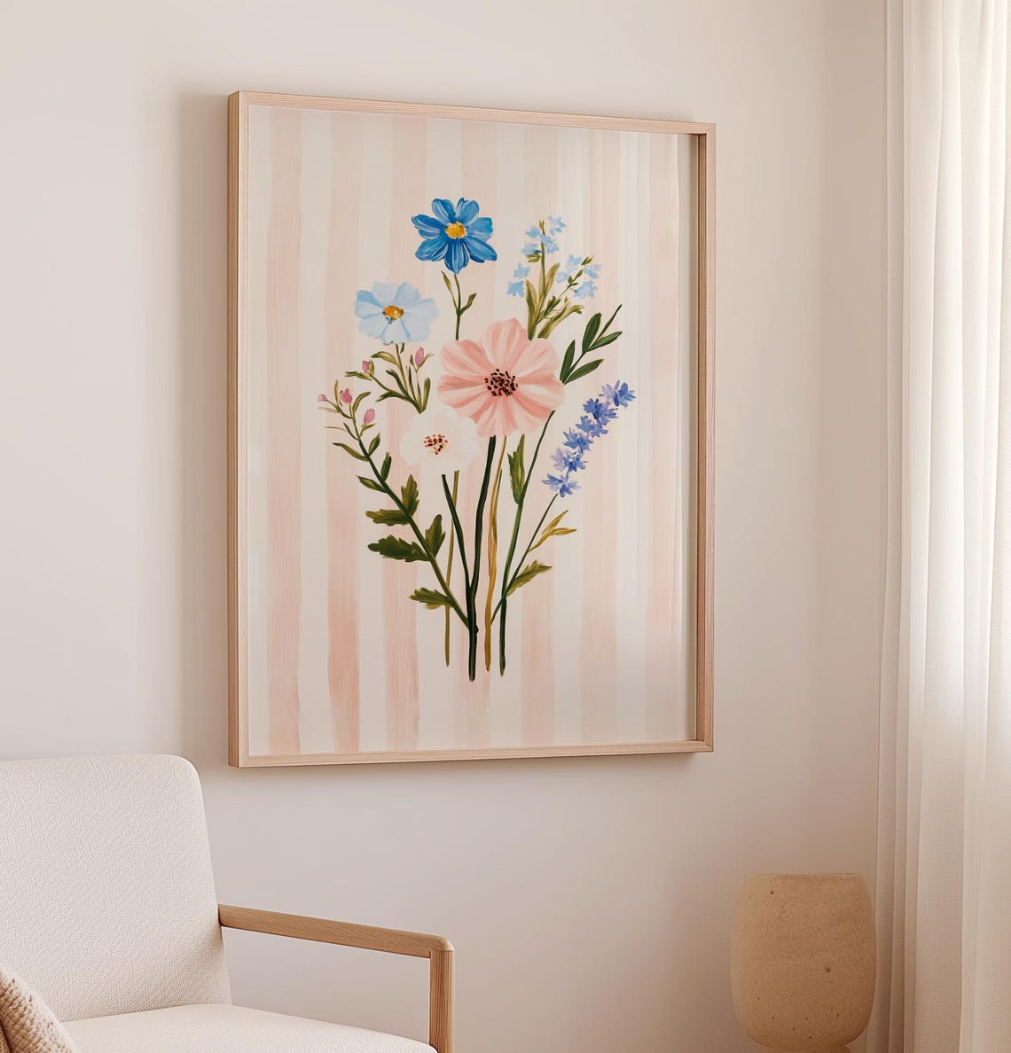 Wildflower Bouquet on Pink Striped Background Botanical Art Poster - Image 2