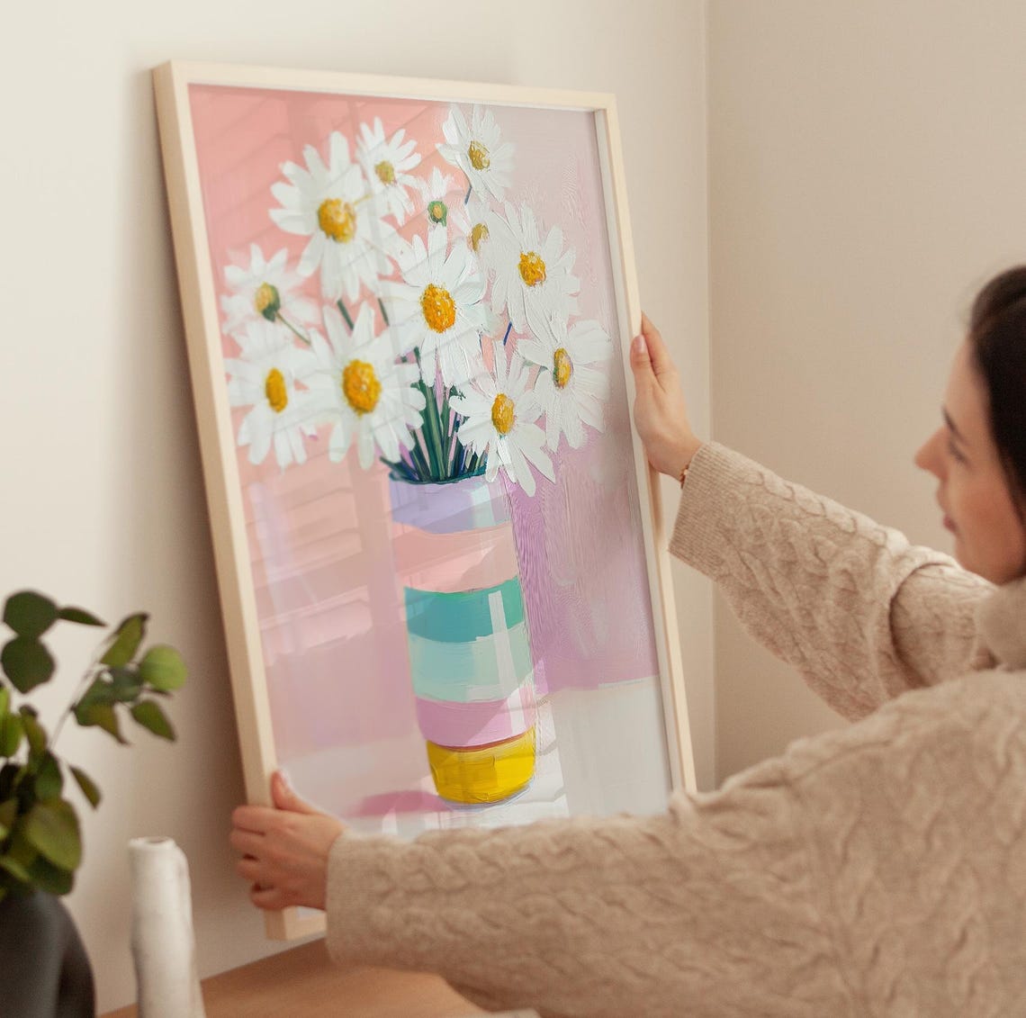 White Daisies In Striped Pastel Vase Pink Floral Painting Poster - Image 3