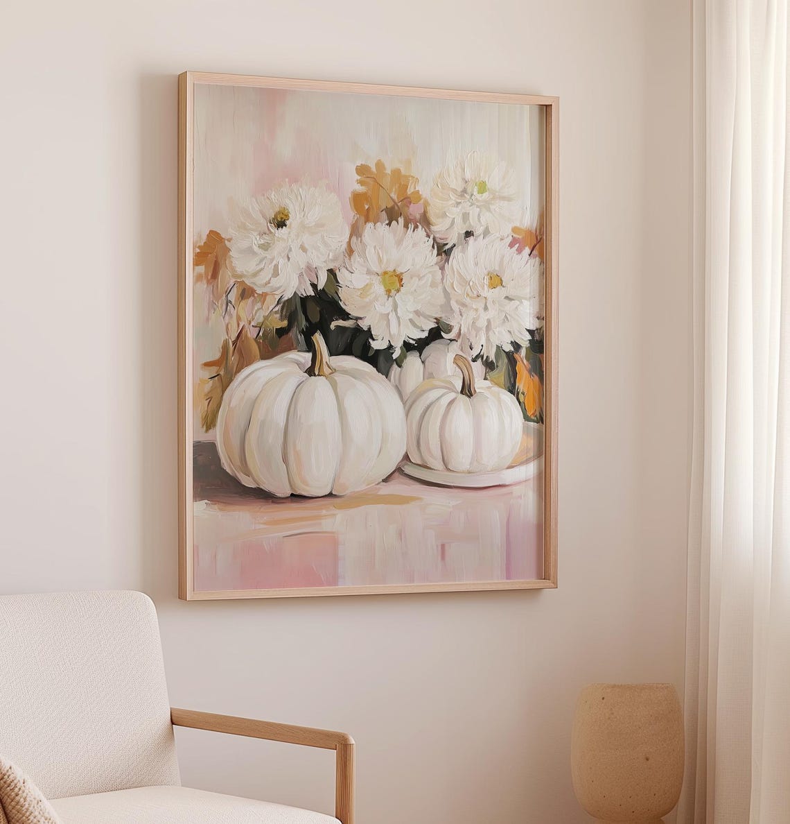 White Pumpkin And Chrysanthemum Blush Pink Autumn Still Life Poster - Image 2