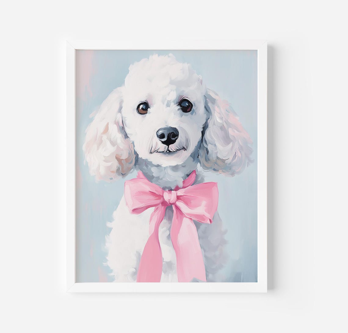 White Poodle Portrait With Pink Satin Bow Sweet Puppy Poster