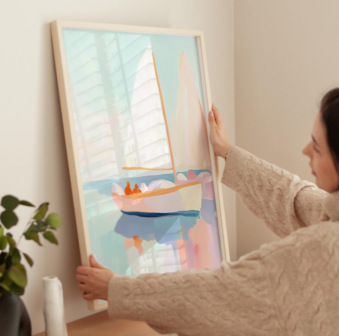 Pastel Sailboat Calm Water Coastal Regatta Sailing Art Poster - Image 3