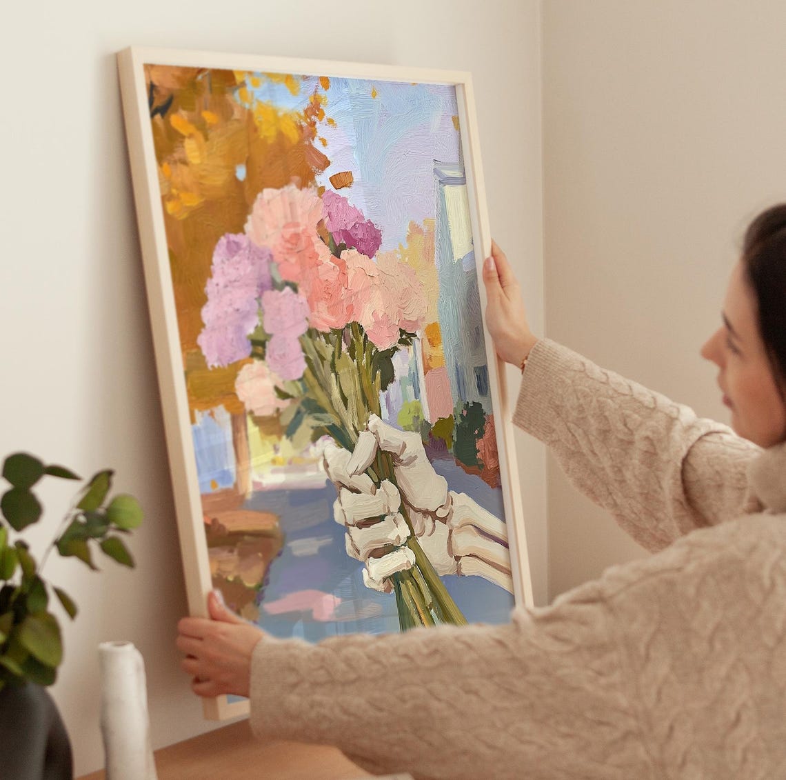 Skeleton Hand Holding Pink Flower Bouquet Spooky Fall Art Poster - Image 3