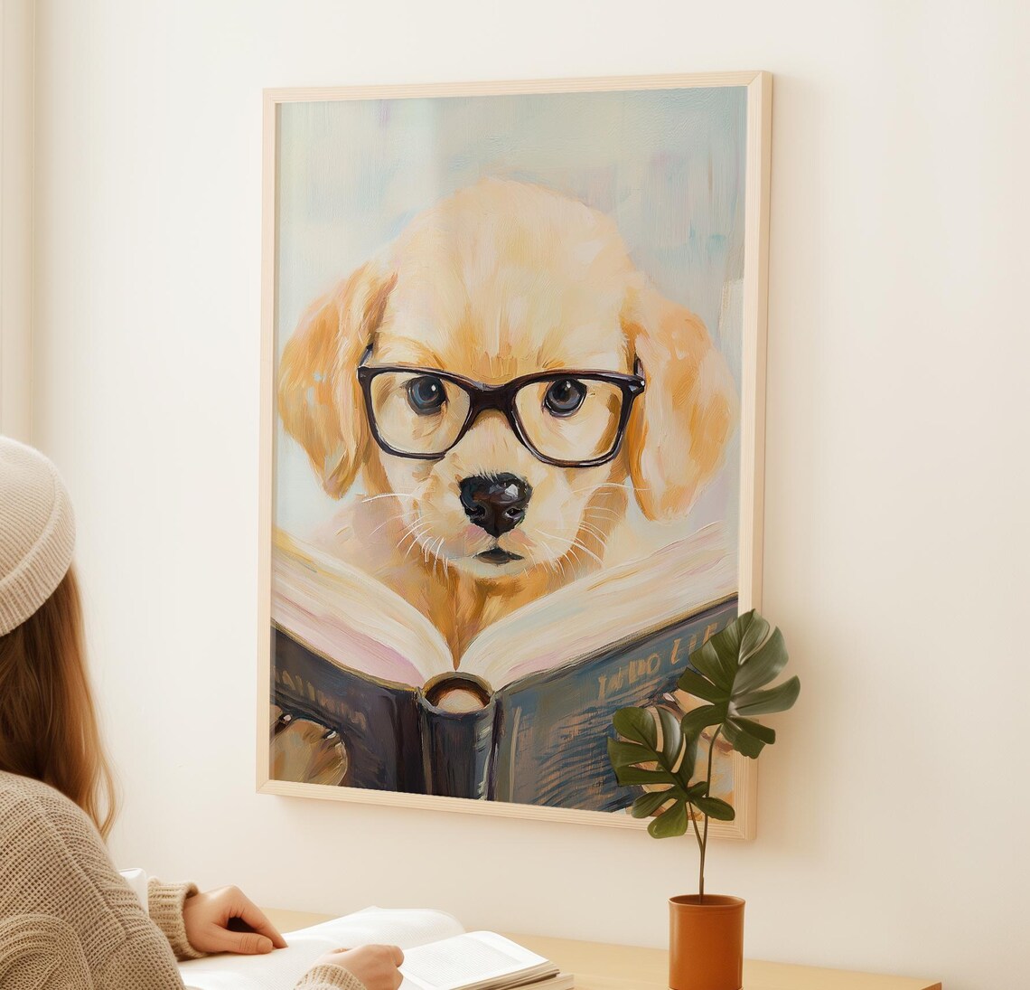 Cute Dog Reading A Book, Library Wall Art Print - Image 2