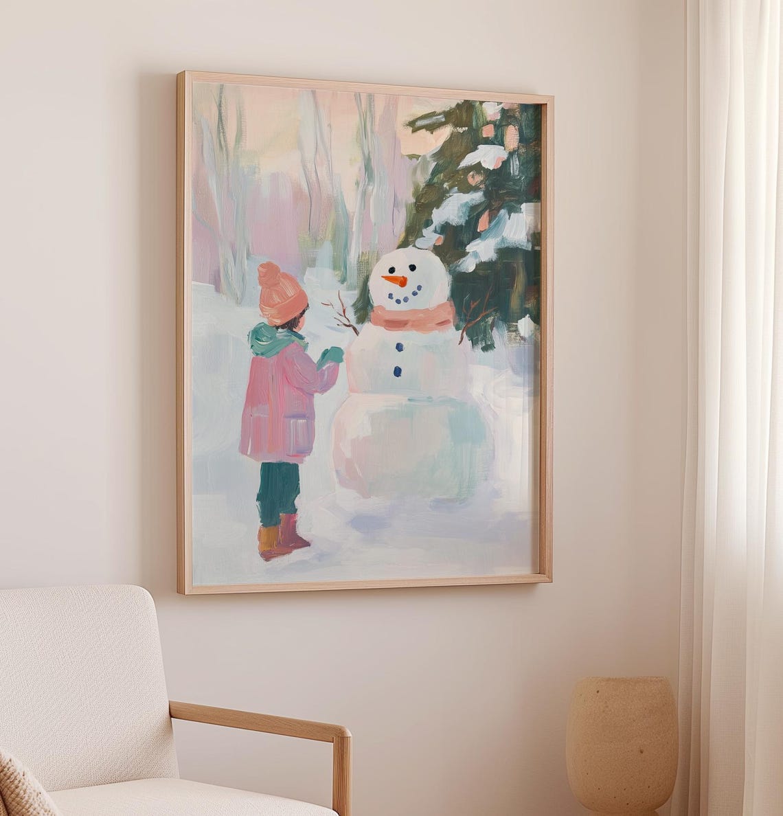 Child Building Snowman Pastel Winter Wonderland Scene Art Poster - Image 2