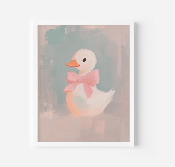 Baby Duck With Bow Wall Art Duck Portrait Painting Rustic Nursery Cute Decor Soft Colours Oil Painting Vintage Aesthetic