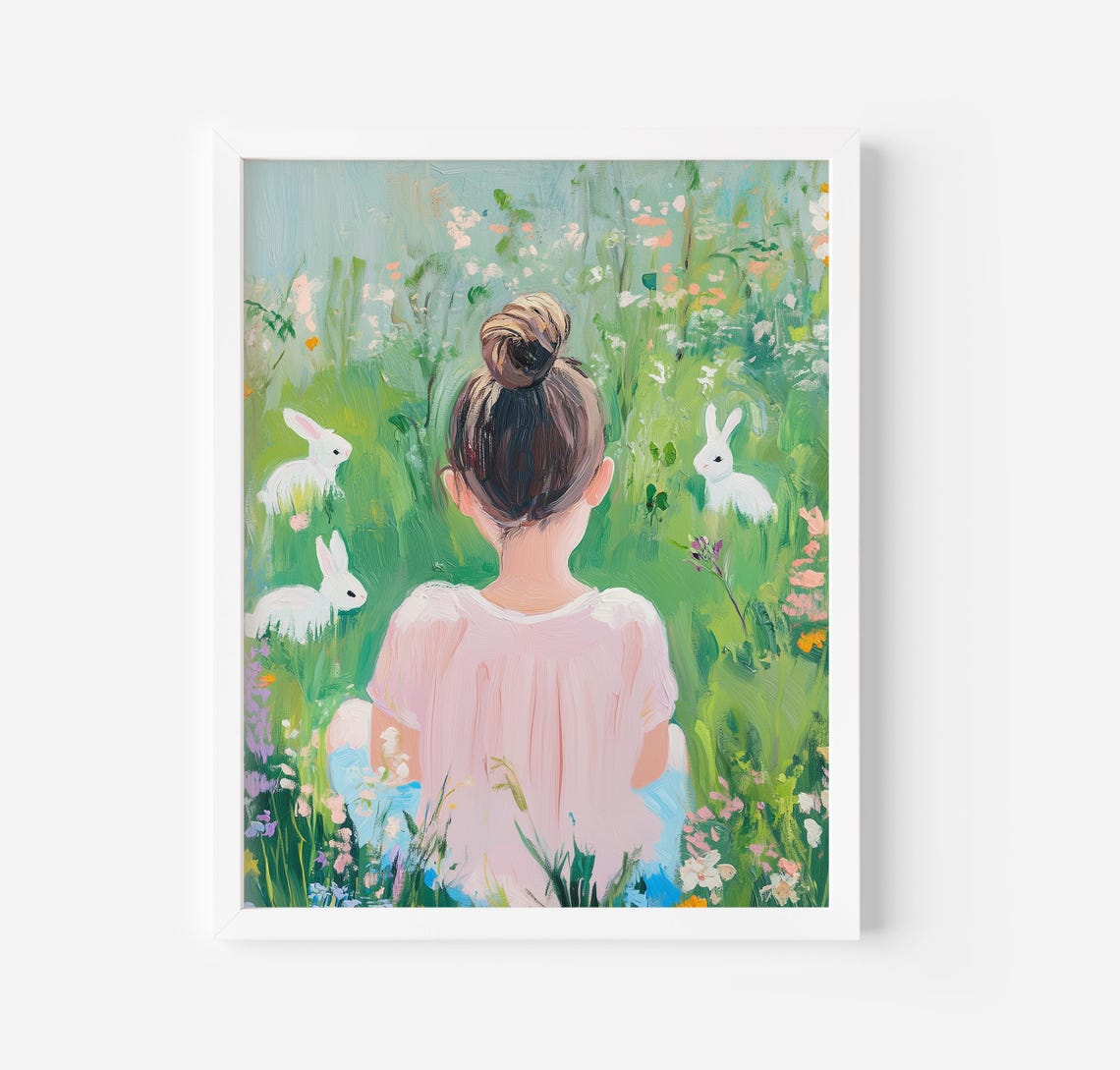 Little Girl With White Bunnies In A Wildflower Meadow Poster