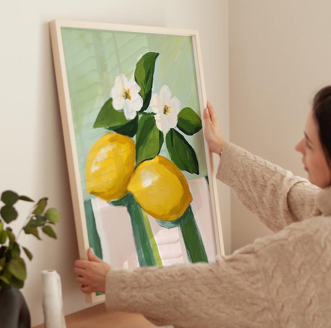 Two Lemons With White Blossoms Striped Table Still Life Poster - Image 3