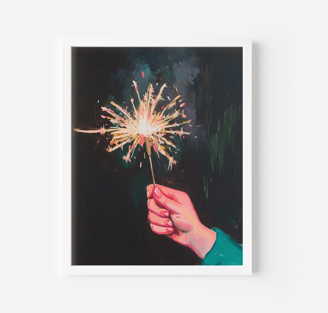 Hand Holding Sparkler Dark Night Glow Light Painting Art Poster