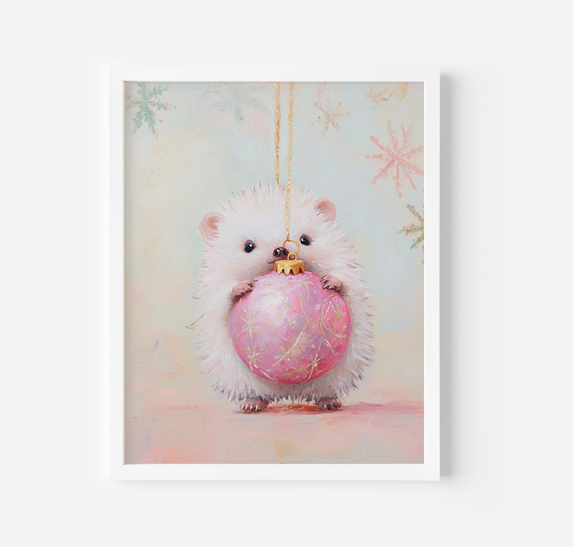 Cute White Hedgehog Holding Pink Christmas Ornament Winter Art Poster