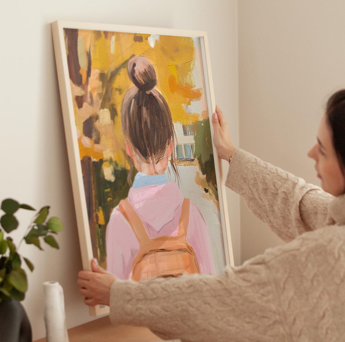 Girl With Bun And Backpack Walking Autumn Street Painting Poster - Image 3