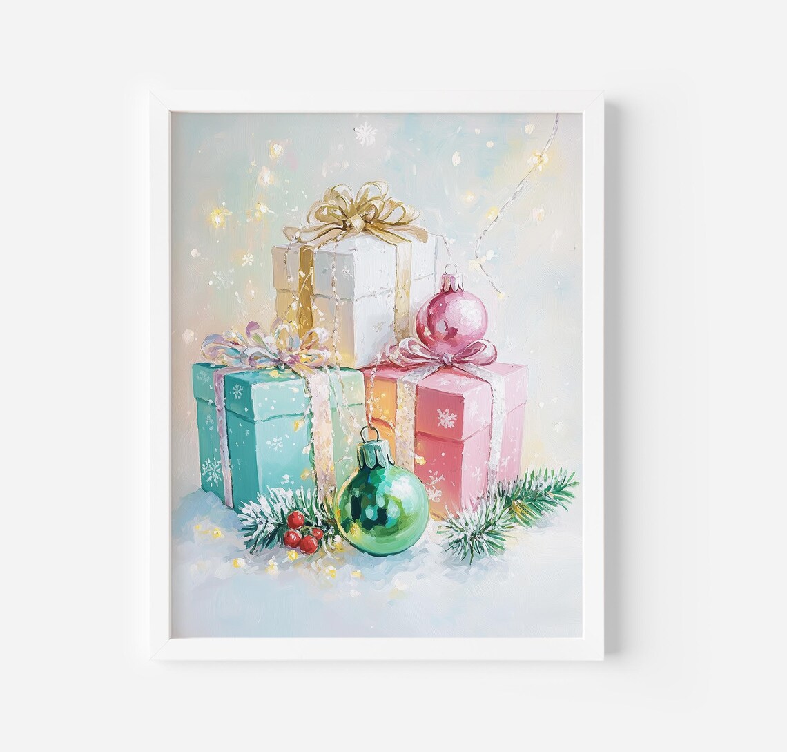 Pastel Christmas Gifts And Ornaments With Pine Festive Art Poster