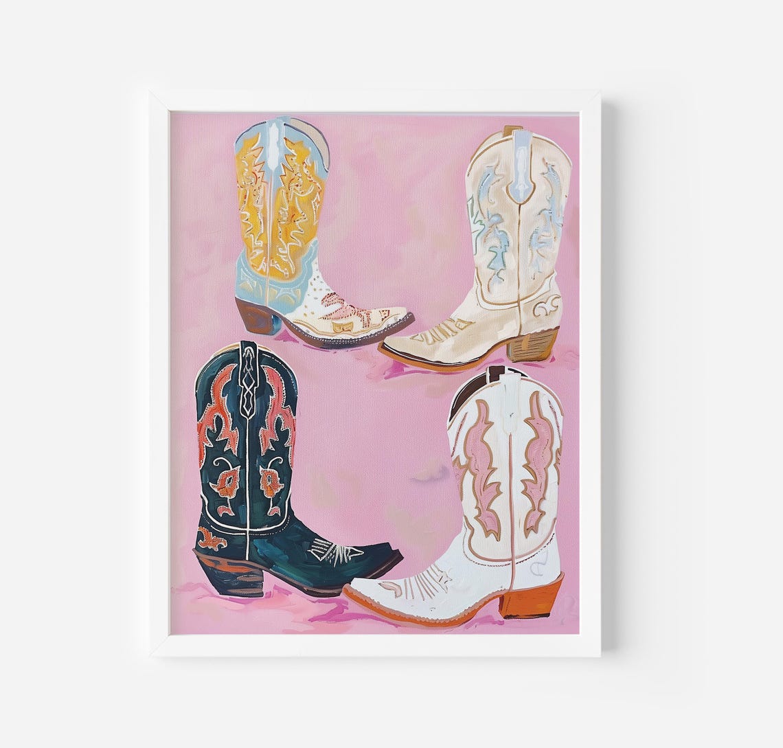 Colorful Cowboy Boots On Pink Background Trendy Western Art Poster - Image 2