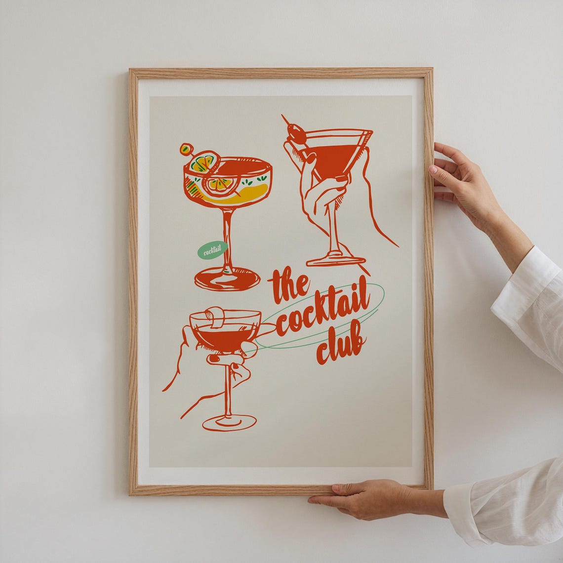 The Cocktail Club Red Martini Glasses Retro Bar Cart Drinks Art Poster
