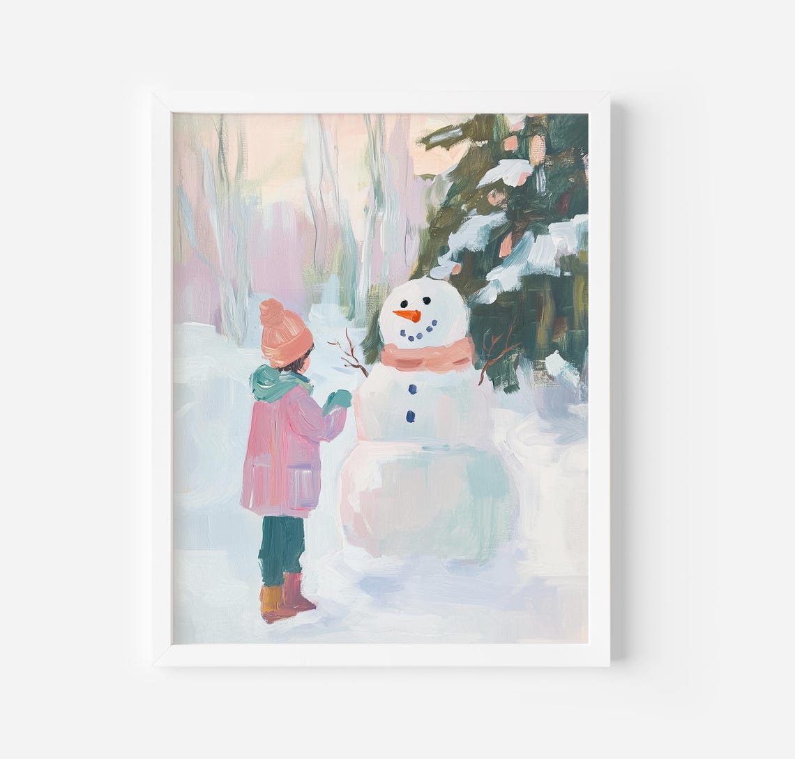 Child Building Snowman Pastel Winter Wonderland Scene Art Poster