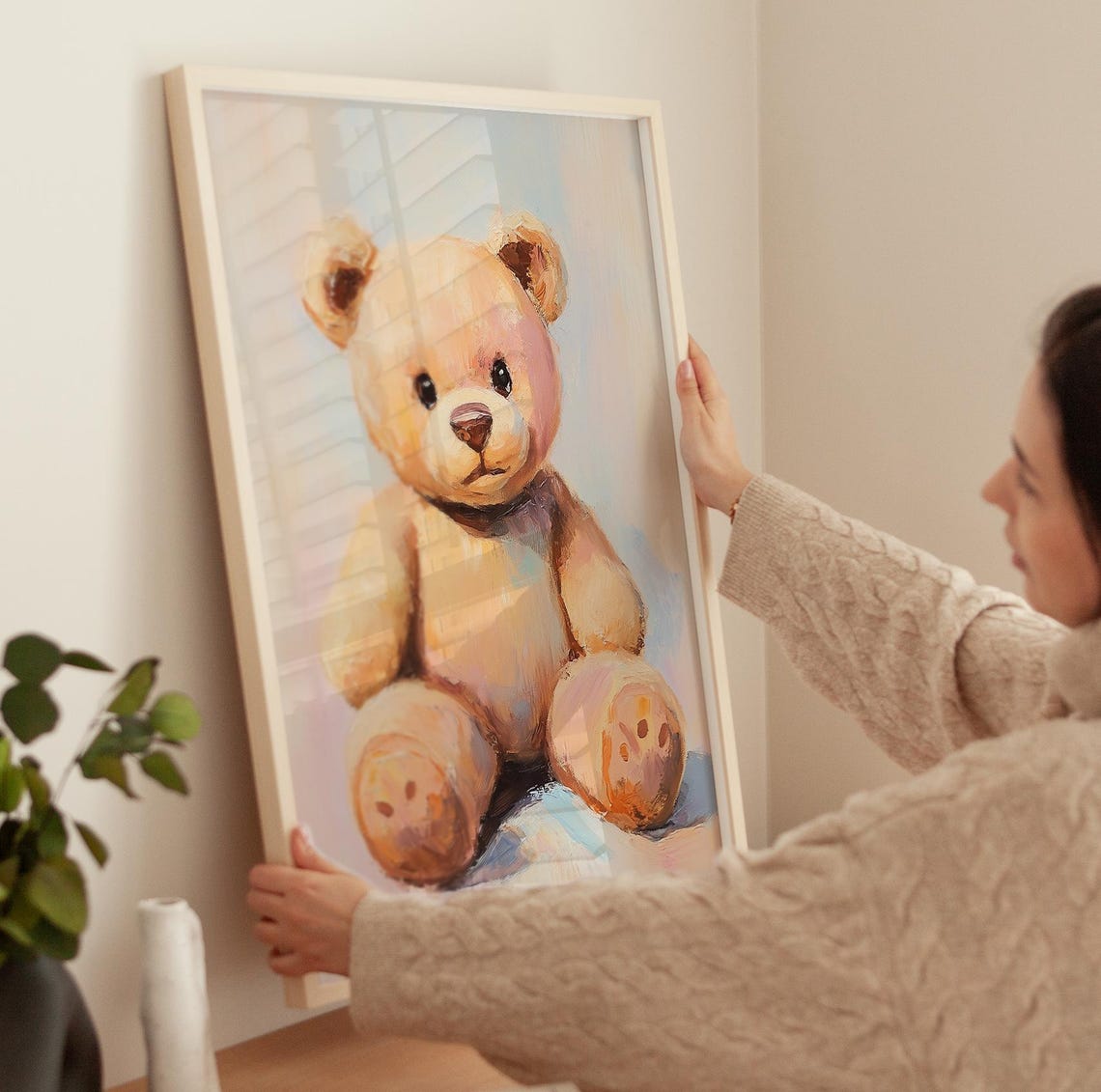 Cute Teddy Bear Oil Painting Soft Pastel Nursery Wall Decor Poster - Image 3