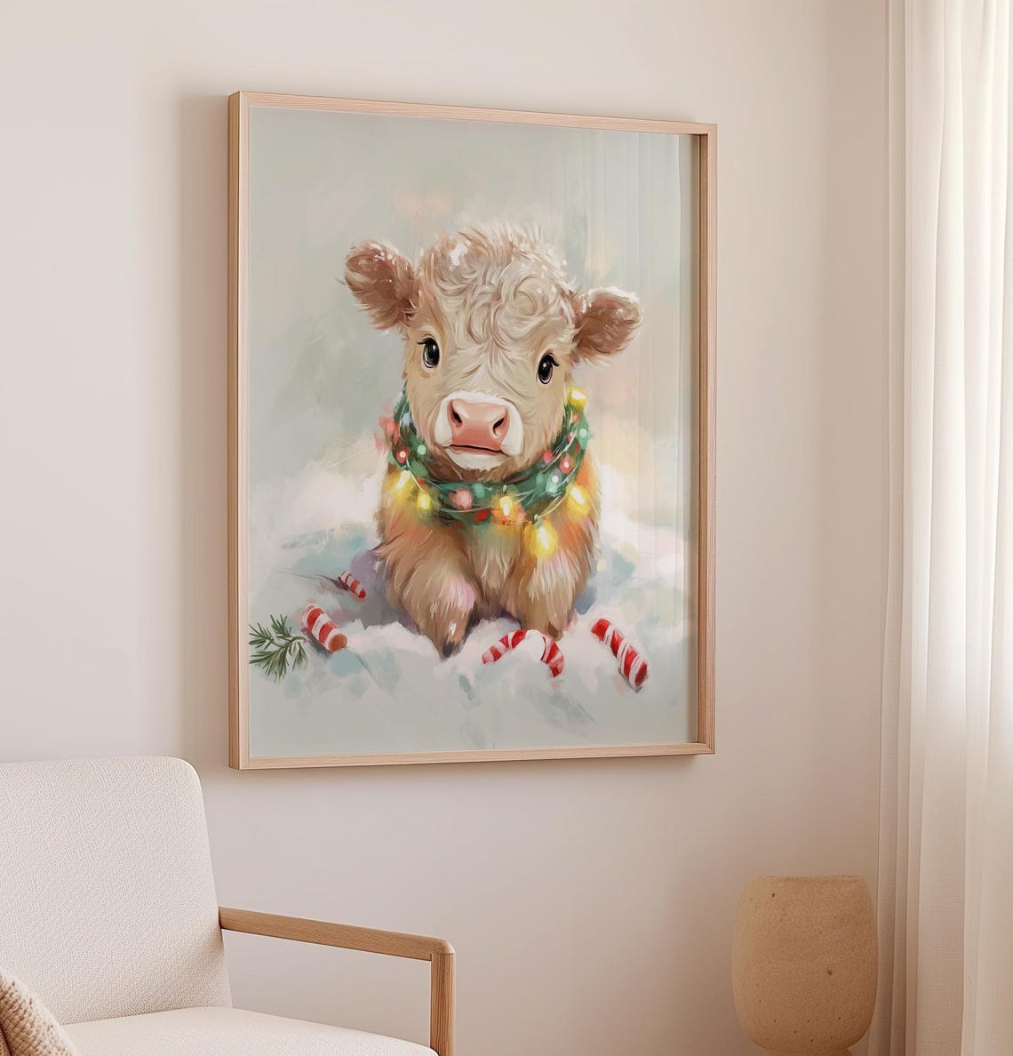 Baby Highland Cow With Christmas Lights In Snow Candy Cane Poster - Image 2