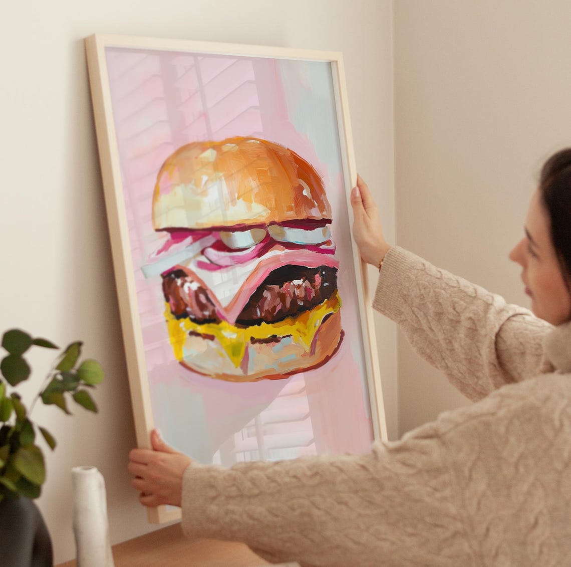 Juicy Cheeseburger With Melted Cheese Retro Pink Kitchen Poster - Image 3