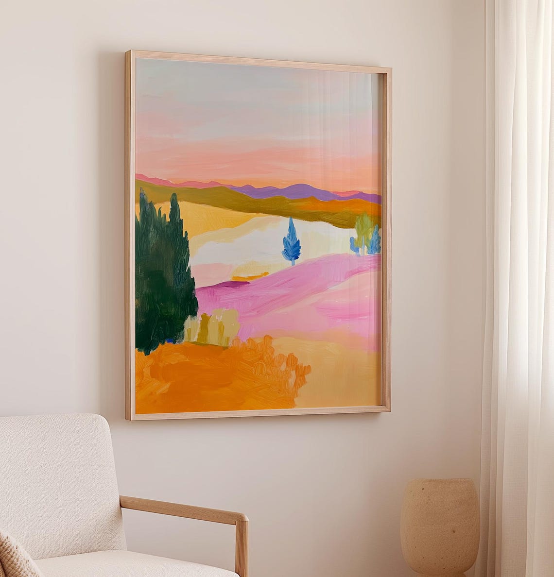 Pink Hills Orange Fields Colorful Impressionist Landscape Poster - Image 2