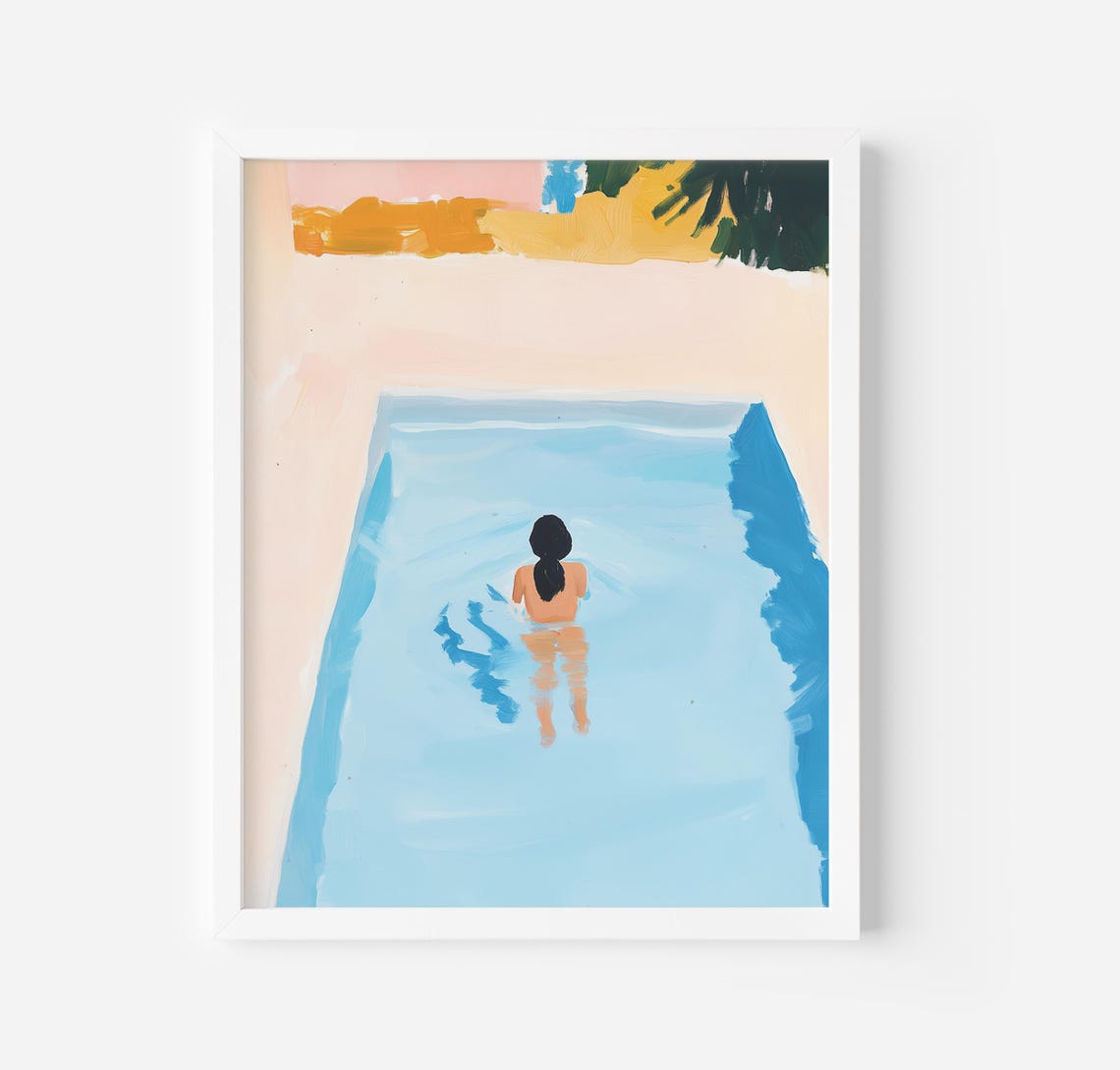 Retro Swimming Pool Art Print Girl Swimming Painting Abstract Painting Summer Tropical Decor Woman Swimming Pool Wall Art Still Life Art
