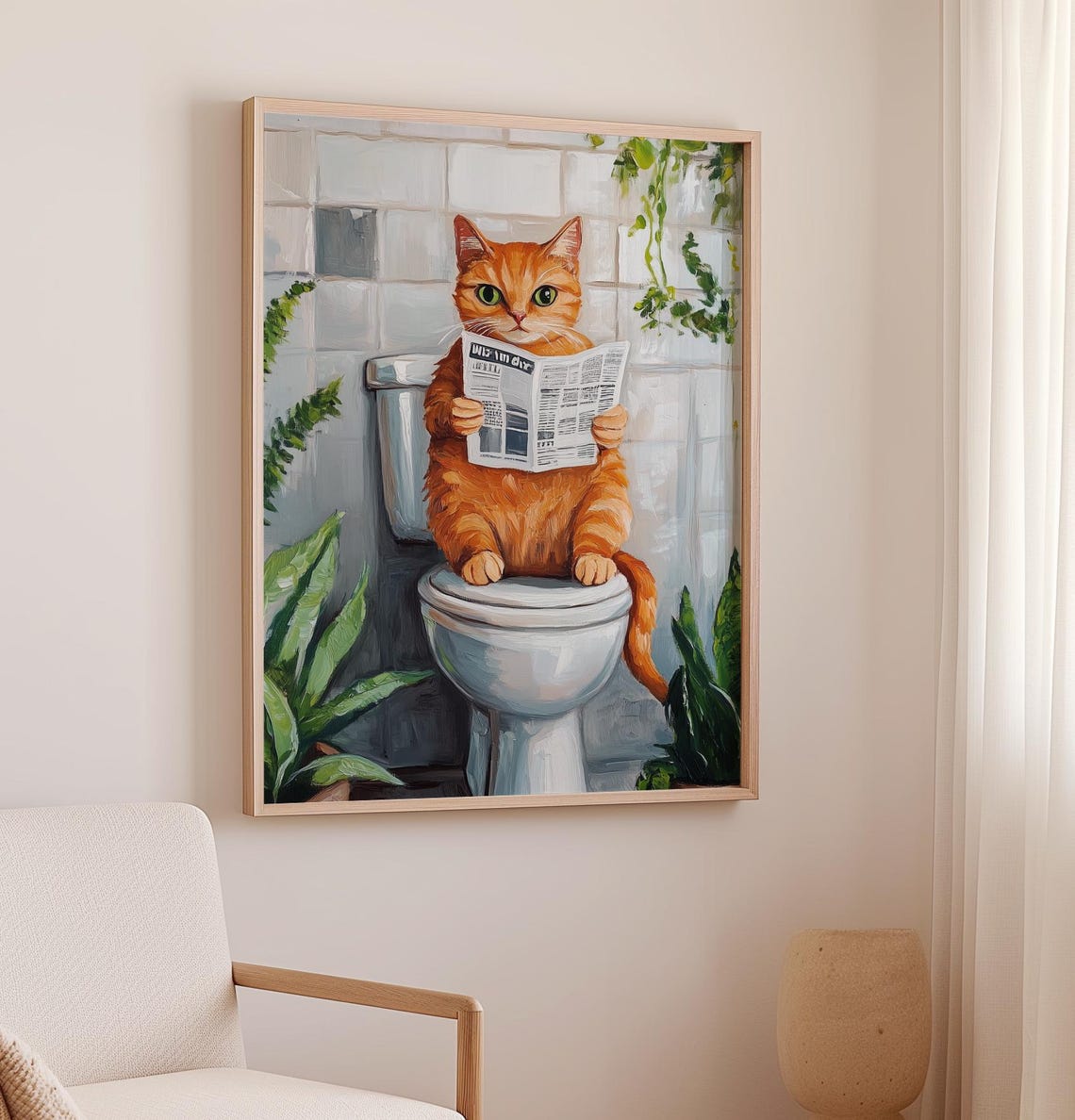 Funny Orange Cat Reading Newspaper On Toilet Bathroom Art Poster - Image 3