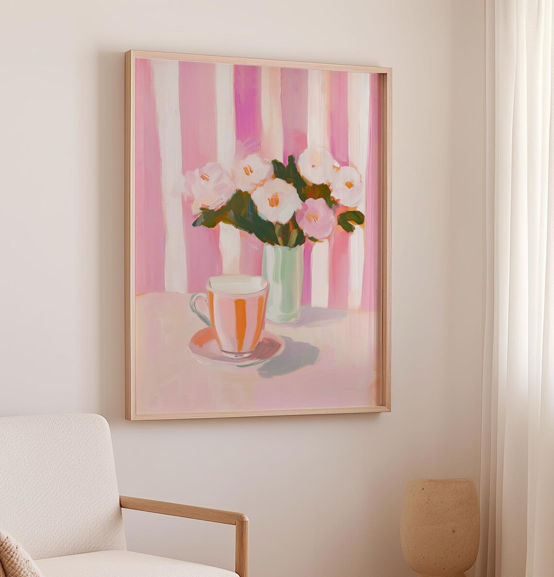 Pink Striped Teacup White Flowers Floral Still Life Art Poster - Image 2