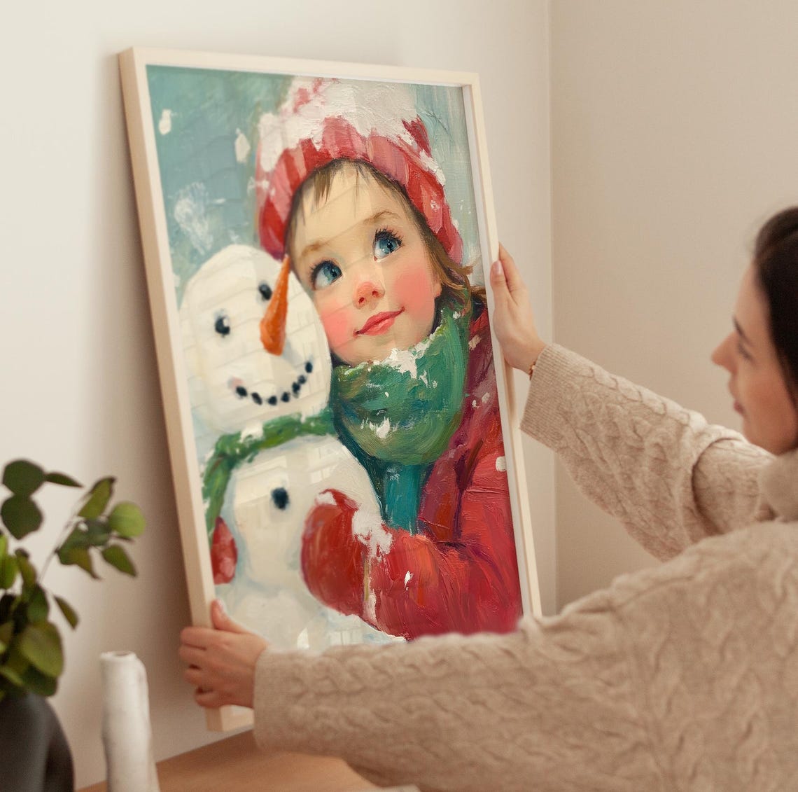 Christmas Art Print Little Girl And Snowman Holiday Girls Room Decor Trendy Christmas Art Winter Painting Snowman Wall Art Nursery Art - Image 3