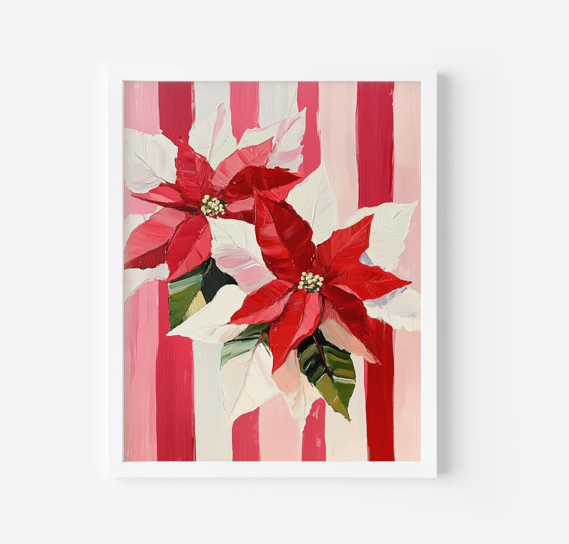 Red And White Poinsettias On A Pink Striped Christmas Poster