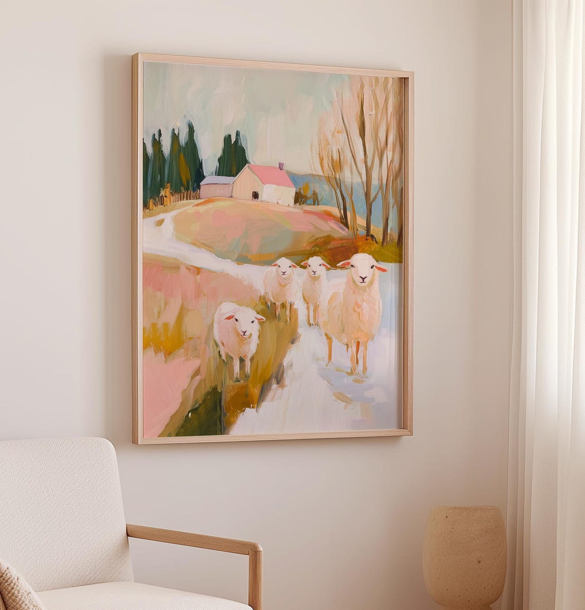 Four Sheep Grazing by Pink Barn Rustic Farmhouse Field Poster - Image 2