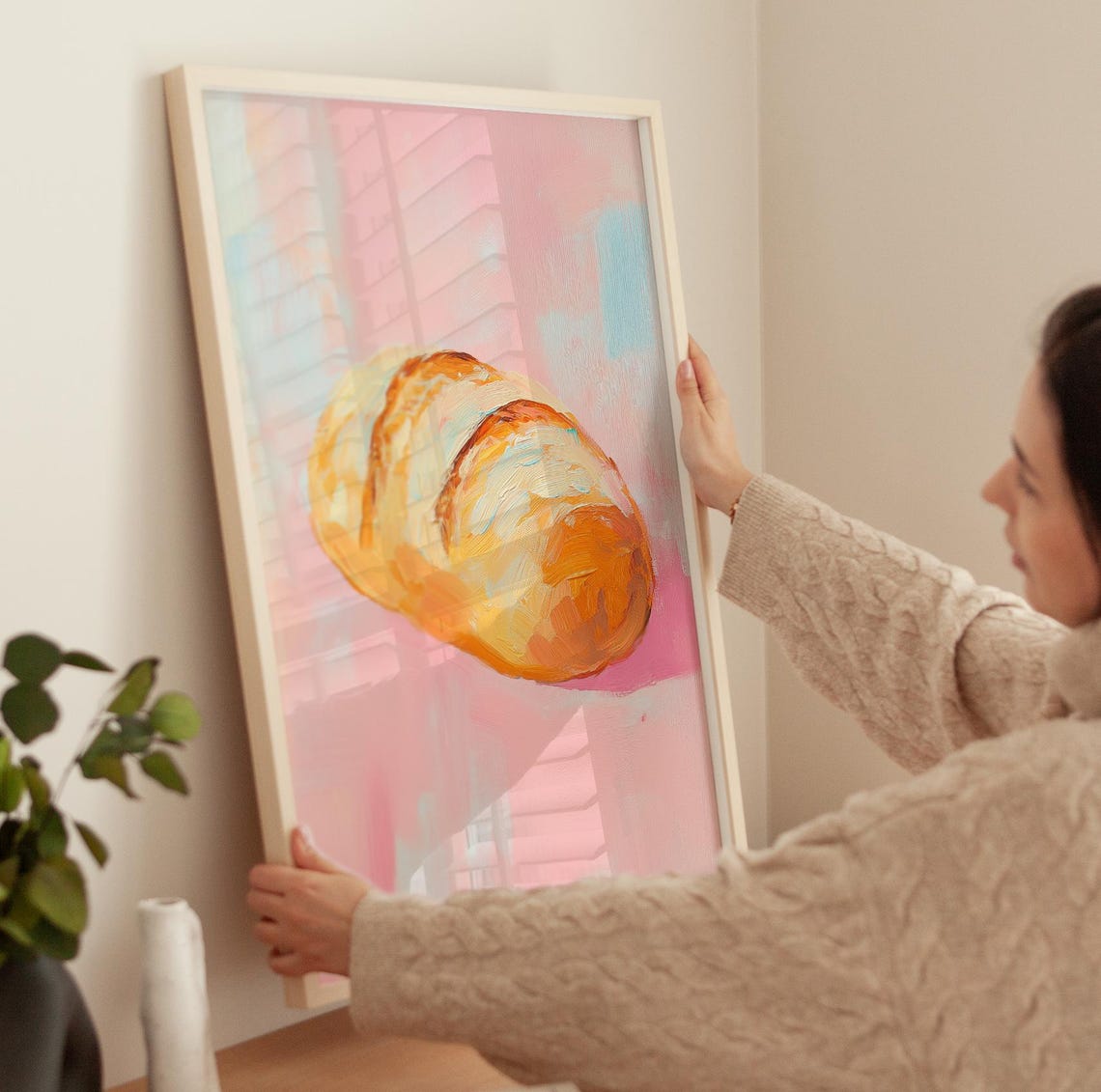 Golden Croissant Painting Soft Pink Modern Bakery Kitchen Poster - Image 3