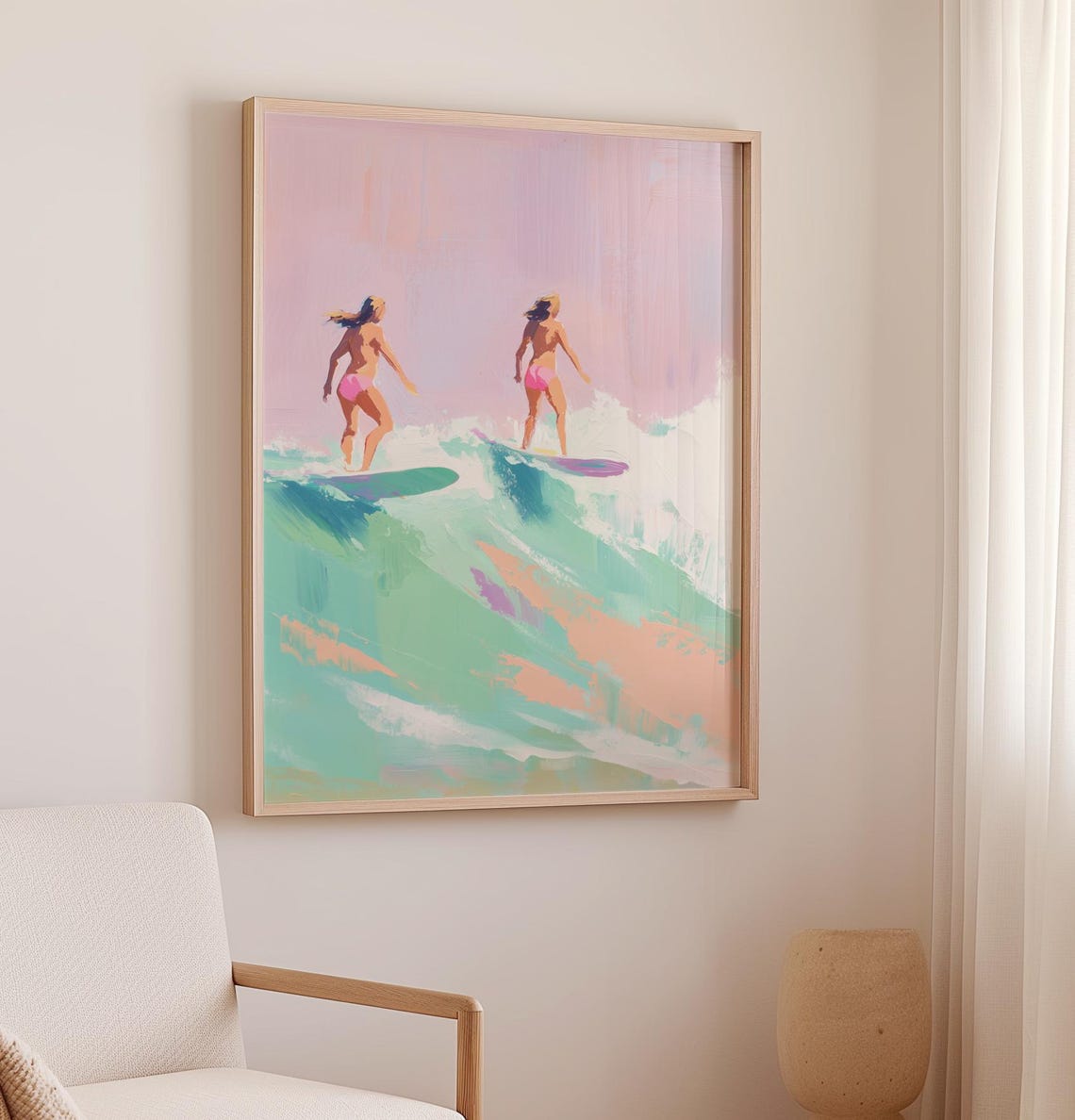 Surfer Blonde Girls Wall Art Beach Waves Painting Acrylic Painting File French Style Trendy Painting Happy Gallery - Image 2