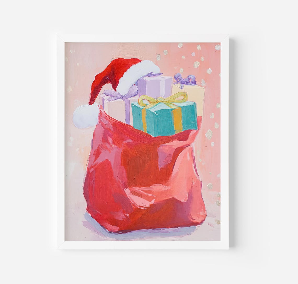 Santa Presents Print Bag Of Toys Print Santa Gift Sack Wall Art Vintage Santa Print Pink Christmas Art Bag Of Gifts Wall Decor Fine Art - Image 4