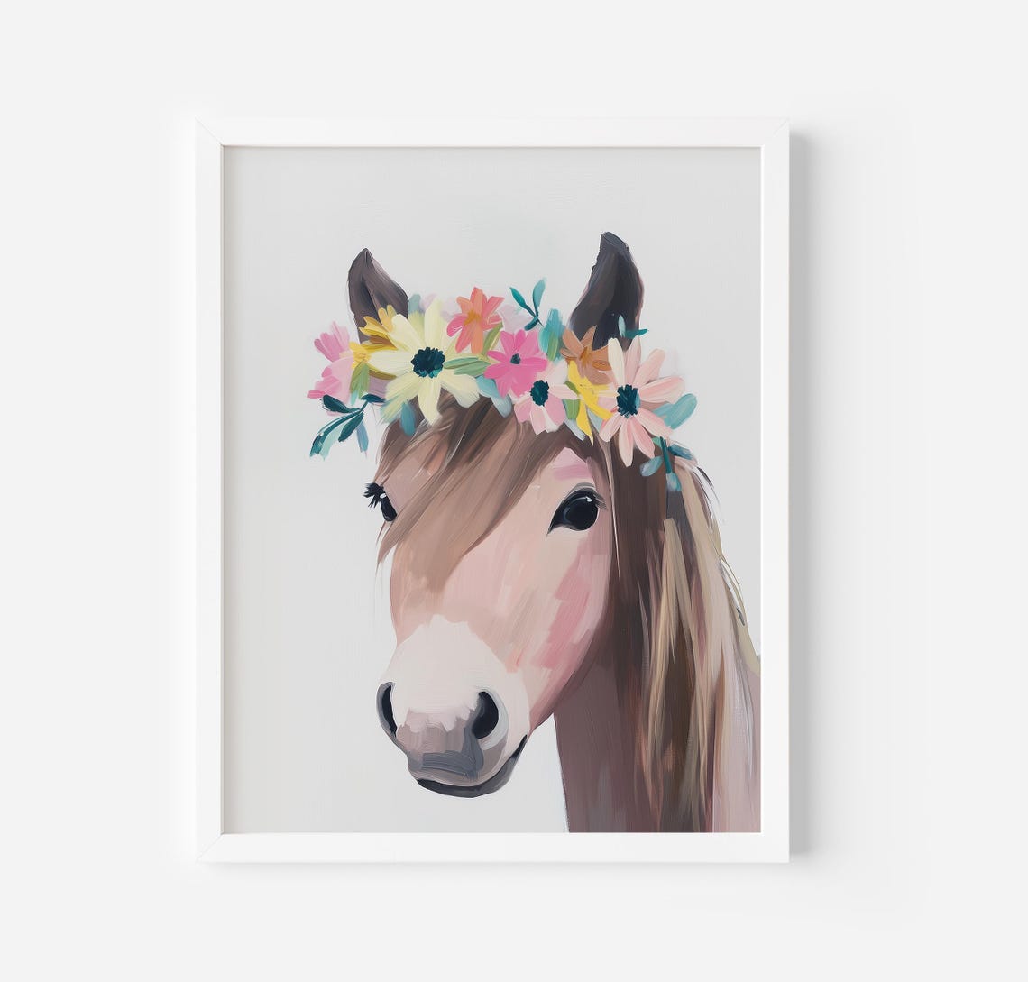 Baby Horse Art Print Floral Crown Animal Art Farm Animal Foal Print Girls Room Poster Flower Horse