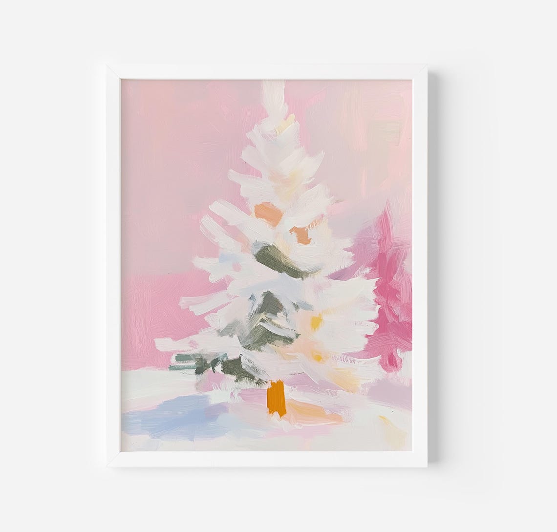 White Snowy Christmas Tree Oil Painting Pink Blush Winter Art Poster