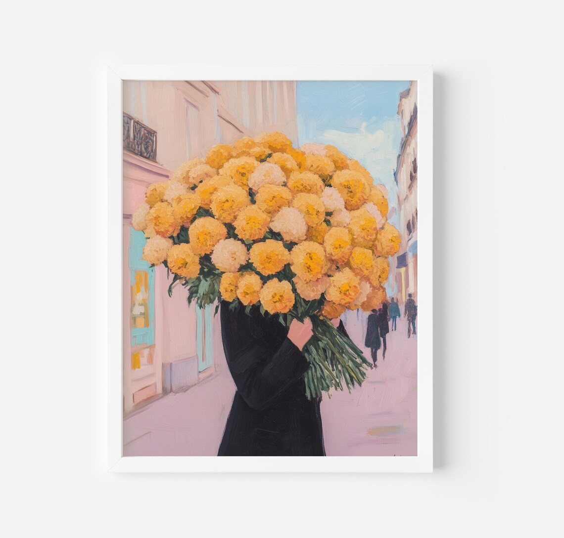 Giant Yellow Marigold Bouquet Carrier Street Scene Floral Art Poster