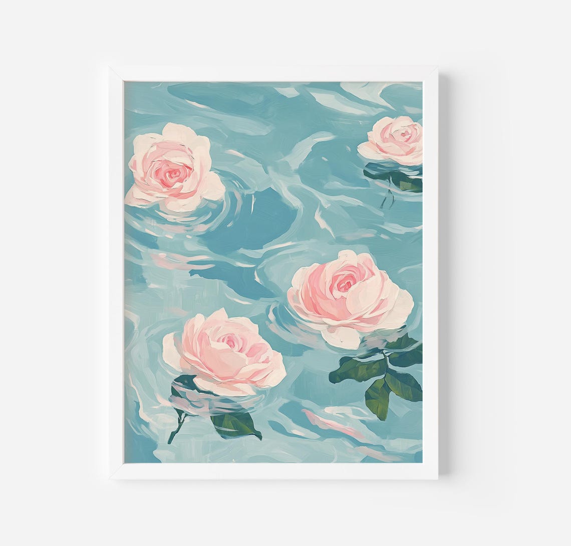 Pink Roses Floating On Turquoise Water Ethereal Floral Art Poster - Image 4