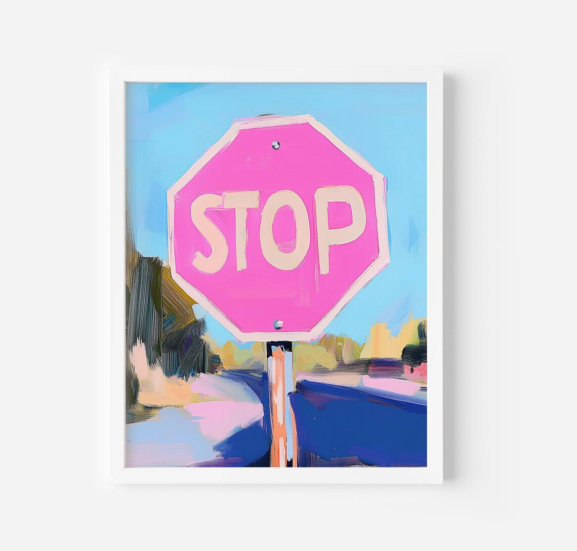 Pink Pop Art Stop Sign on Turquoise Sky Funky Urban Street Art Poster - Image 3