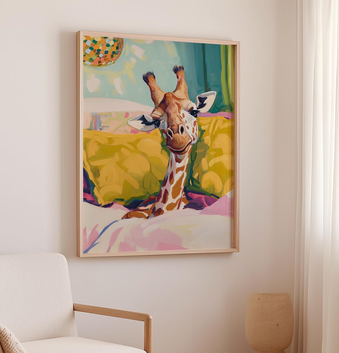 Curious Giraffe Peeking Over Colorful Pillows Disco Ball Bedroom Art Poster - Image 3