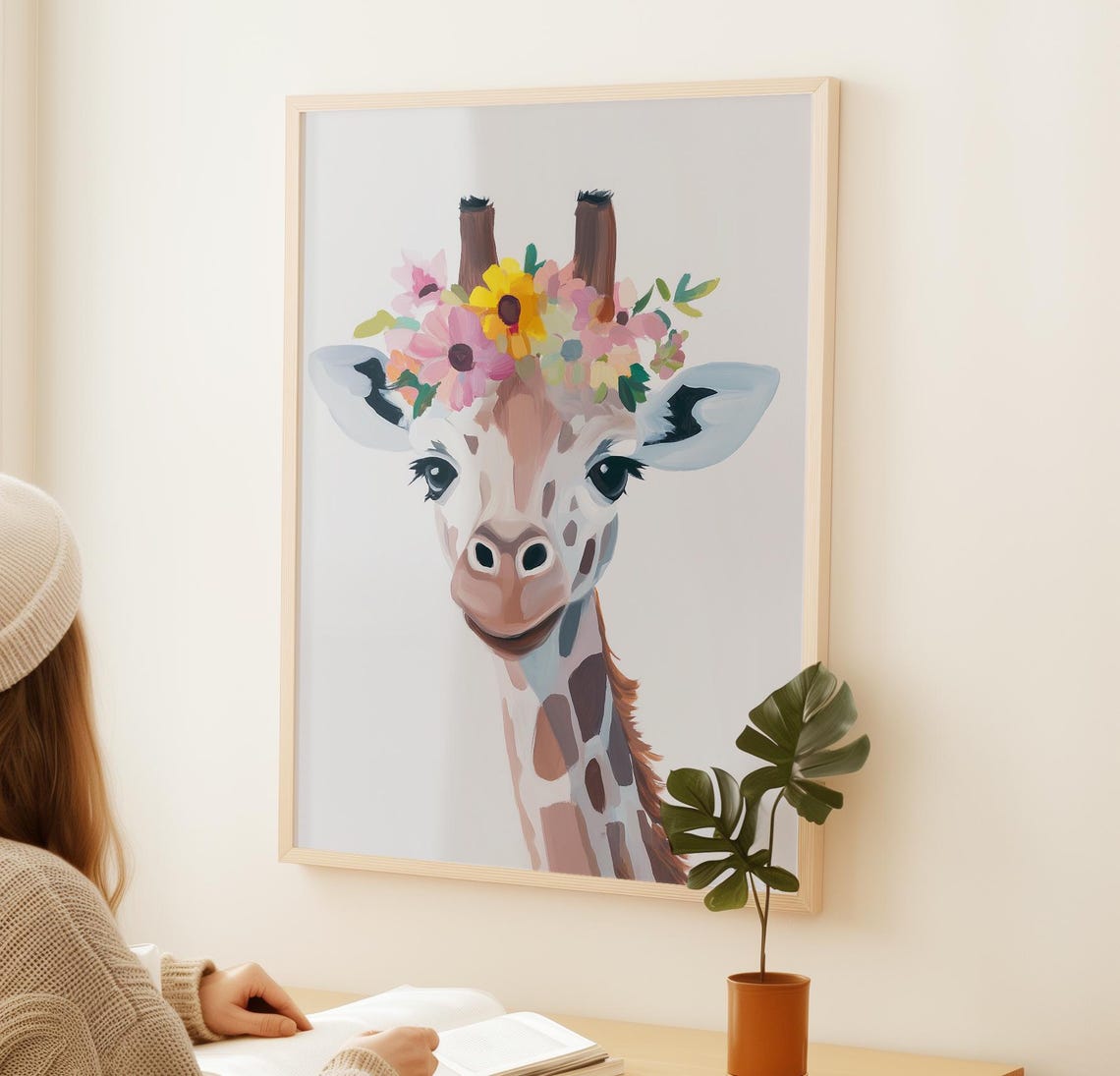 Baby Giraffe Portrait With A Colorful Wildflower Crown Poster - Image 3