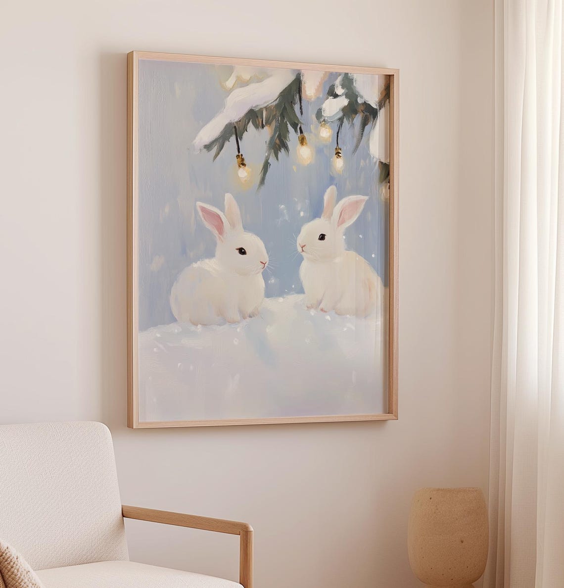 Two White Bunnies Under Snowy Branches With Fairy Lights Poster - Image 3