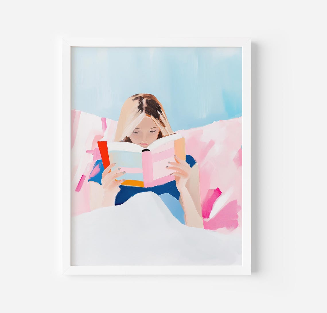 Blonde Woman Reading in Bed Blue Wall Cozy Pastel Art Poster