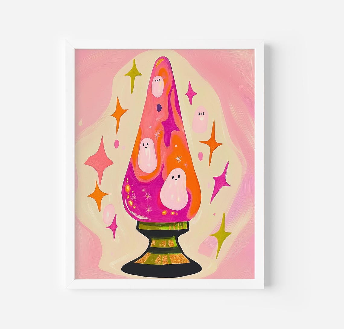 Cute Ghost Lava Lamp With Retro Sparkles Pink Halloween Poster
