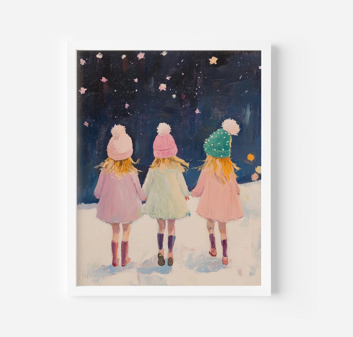 Winter Three Sisters Walking In Snow Under Starry Night Art Poster
