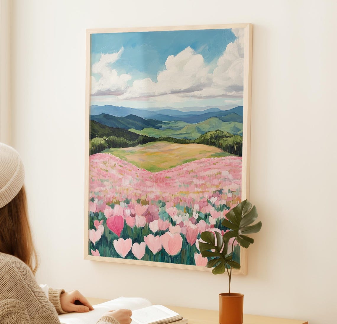 Rolling Hills Covered In Pink Heart Flowers Meadow Art Poster - Image 2