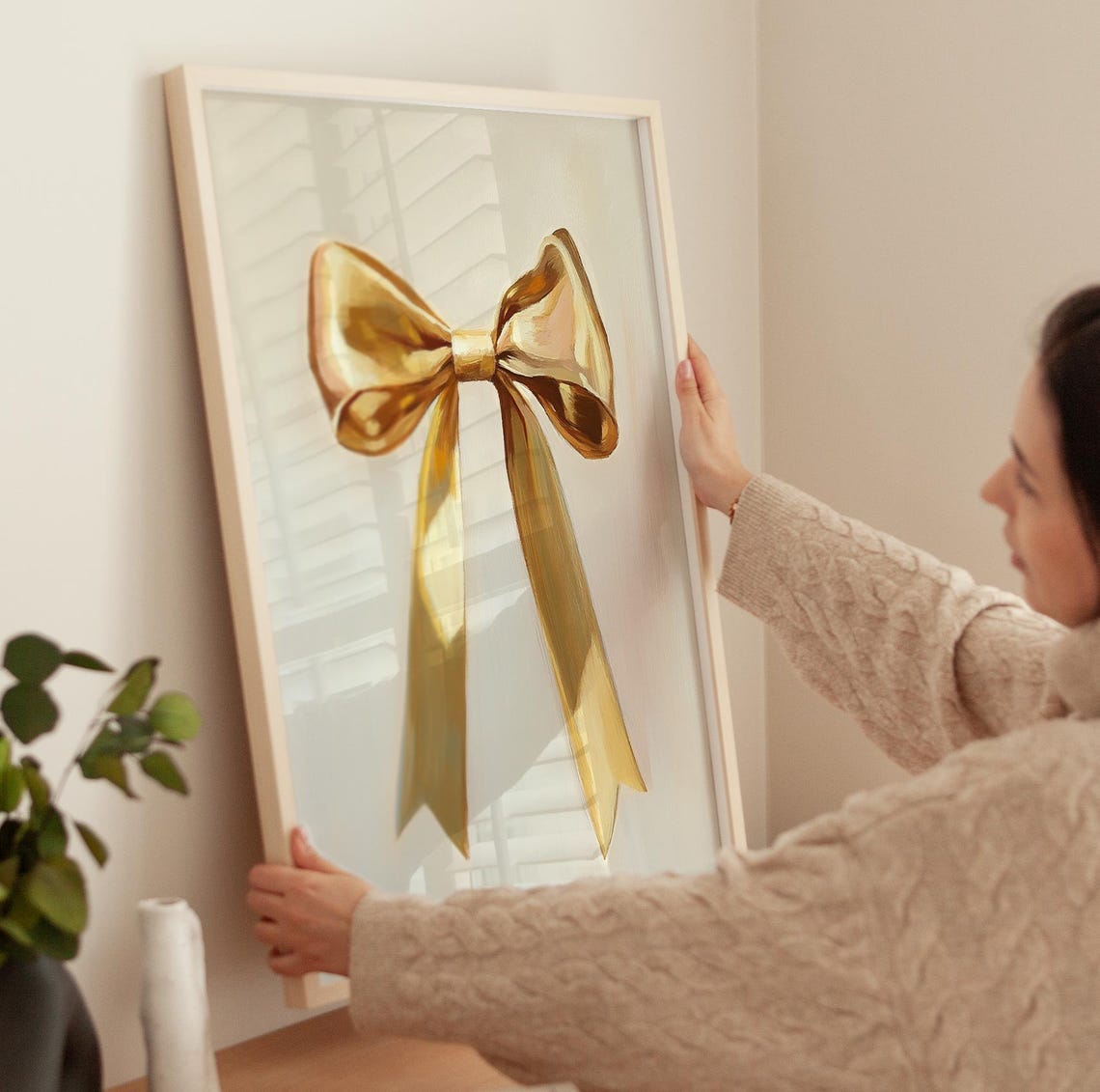 Elegant Gold Satin Bow Ribbon Chic Cream Minimalist Art Poster - Image 3