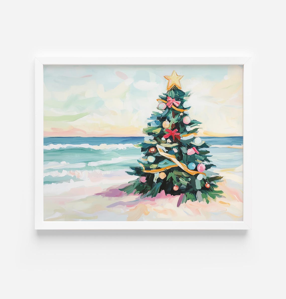 Decorated Christmas Tree on Sunny Beach Ocean Waves Holiday Poster