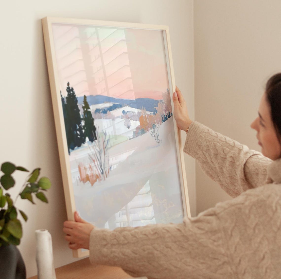 Dreamy Blush Pink Snowy Winter Landscape At Dusk Scenic Poster - Image 3