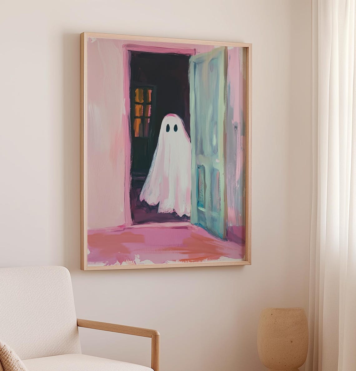 Cute Ghost In Pink Doorway Halloween Pastel Spooky Season Poster - Image 2